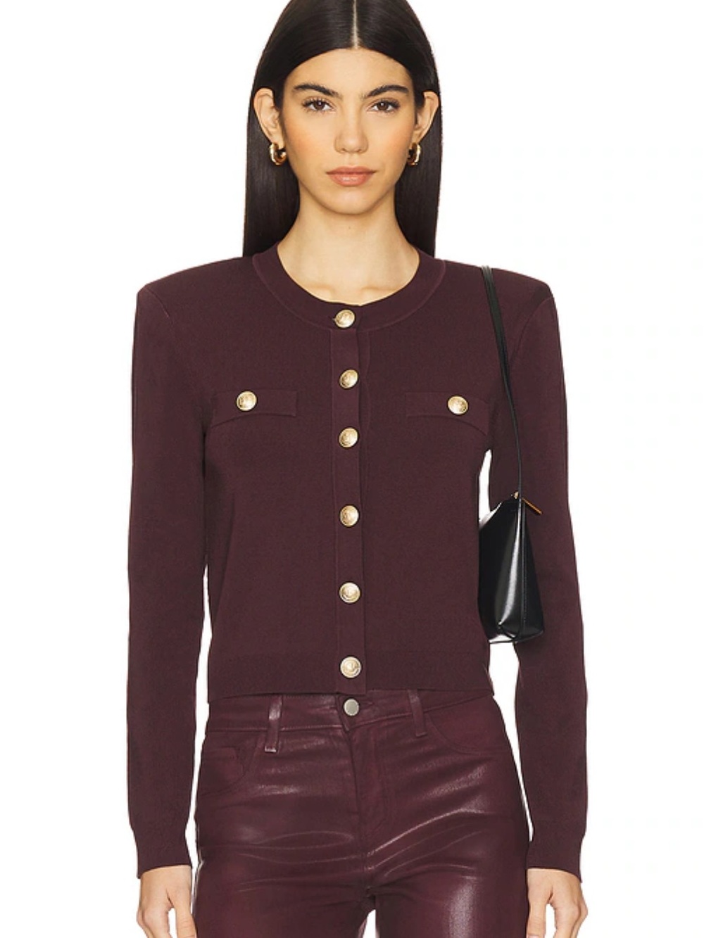 L'AGENCE Toulouse Cropped Crew Neck Cardi in Dark Syrah & Gold